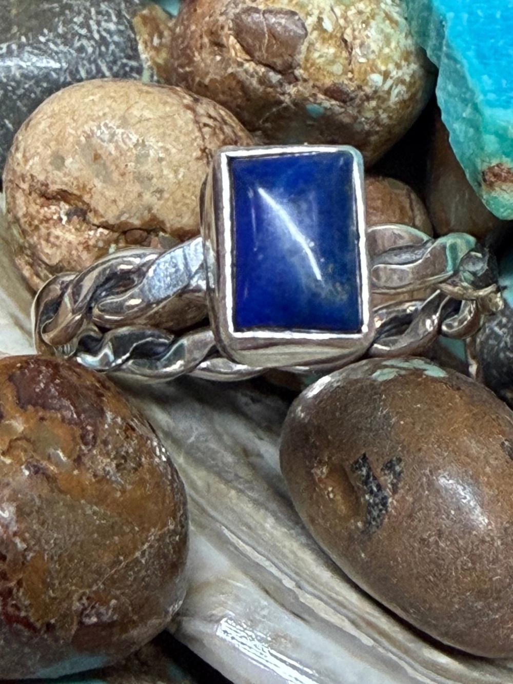 Sterling Silver Ring with Deep Blue lapis Rectangular Stone